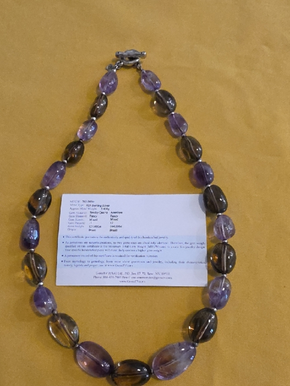 925 Clasp Amethyst & Smoky Quartz Necklace With Certificate of Authenticity